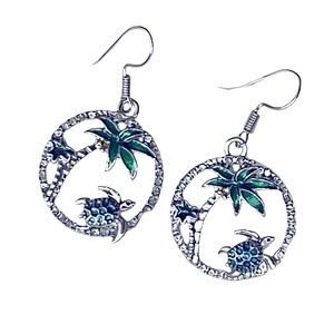 Silver Palm Tree & Turtle Hoop Earrings